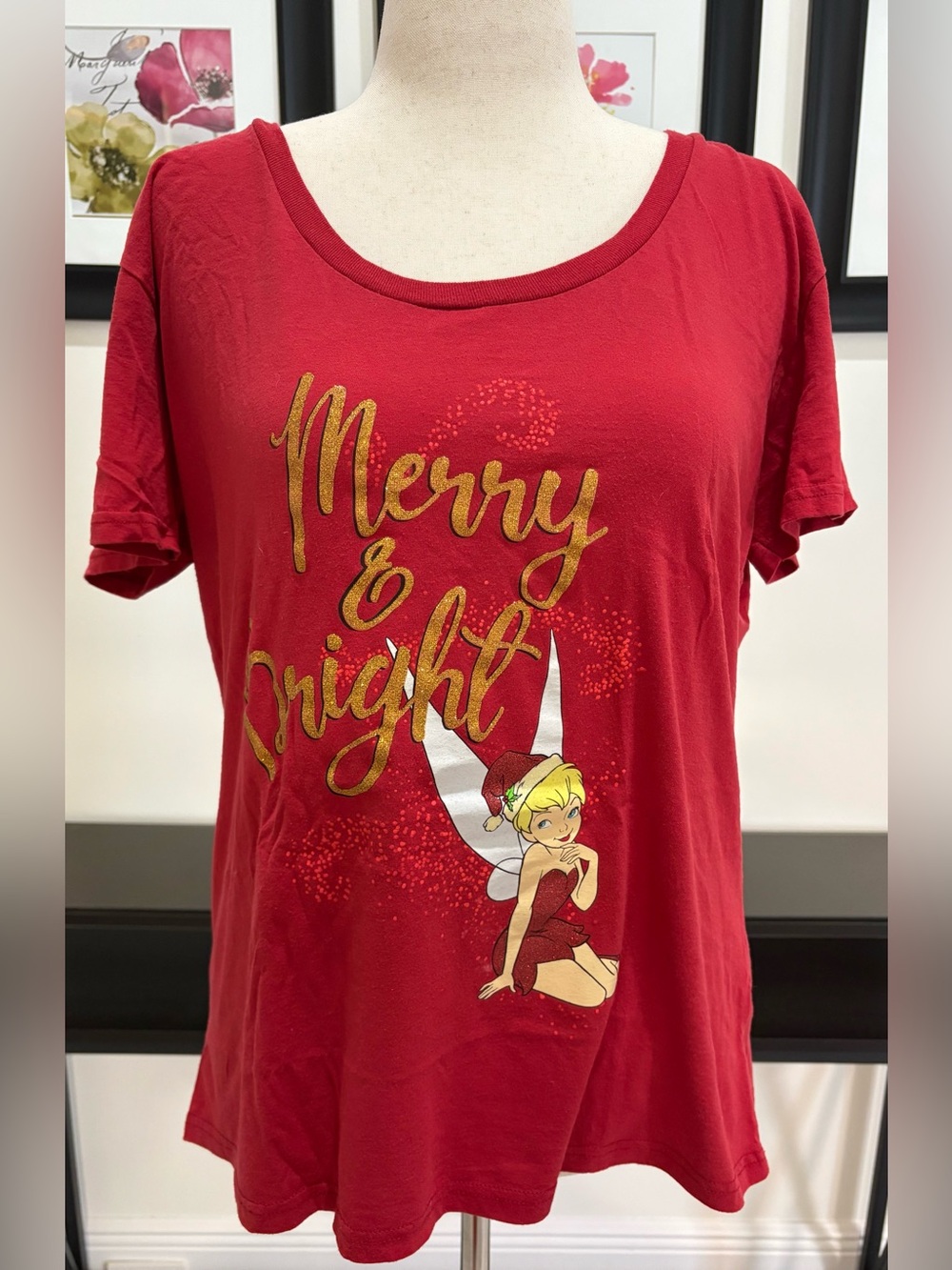Disney Red “Merry & Bright” Crewneck Tee with Tinkerbelle Character